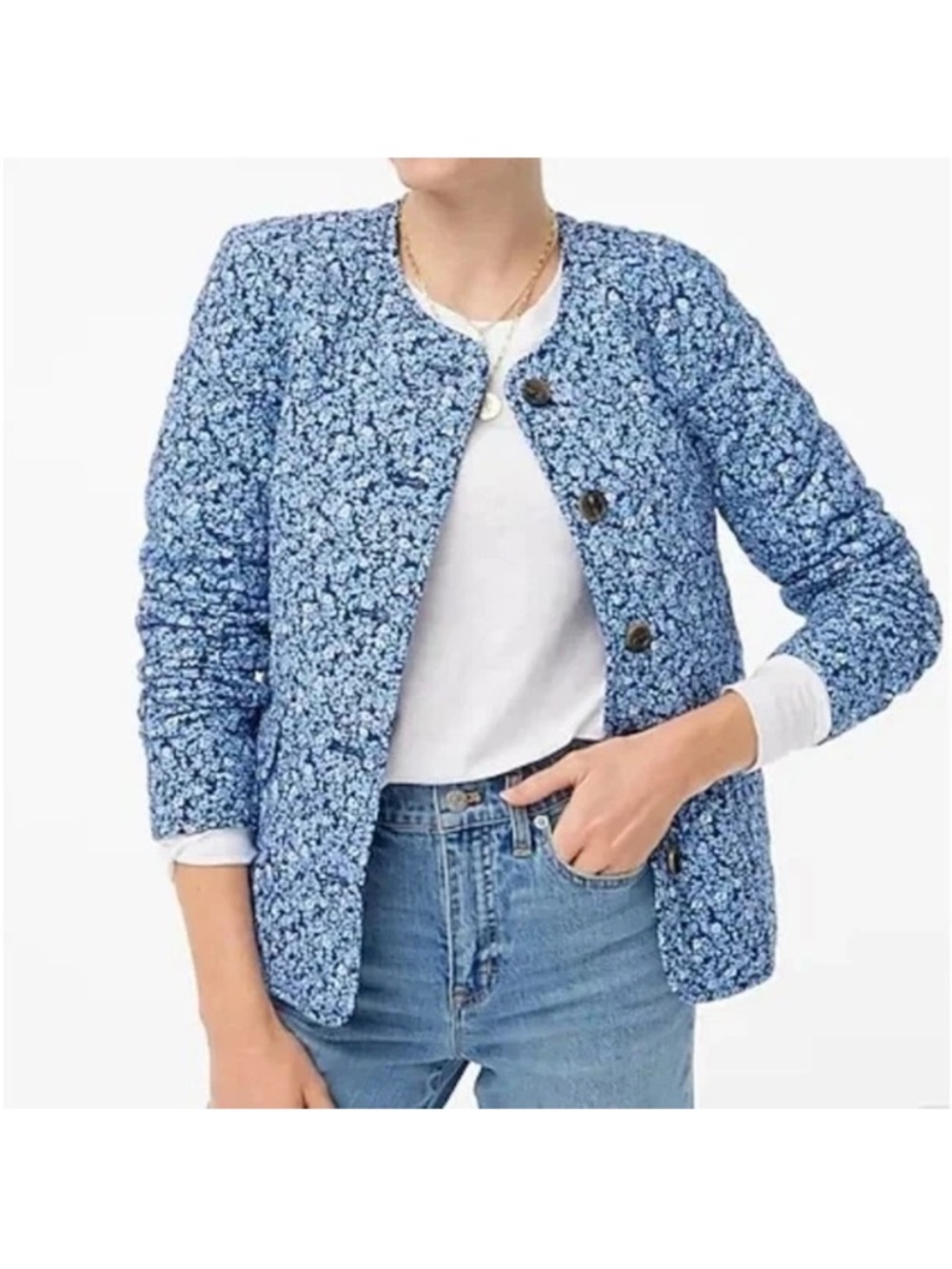 J Crew Blue Short quilted Floral Cotton Blend Jacket Size 14 NWT
